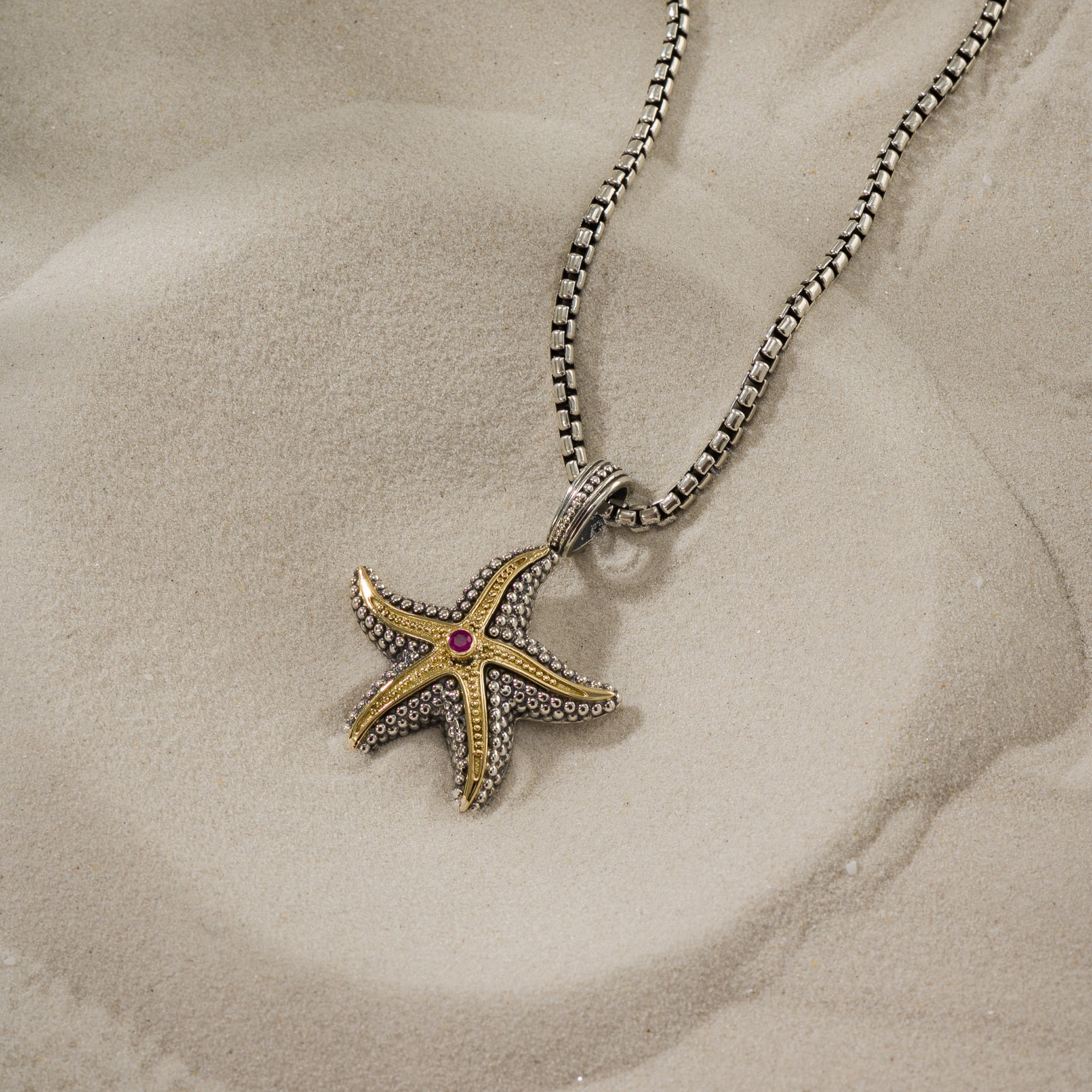 Starfish Pendant in 18K Gold and Sterling Silver with Ruby