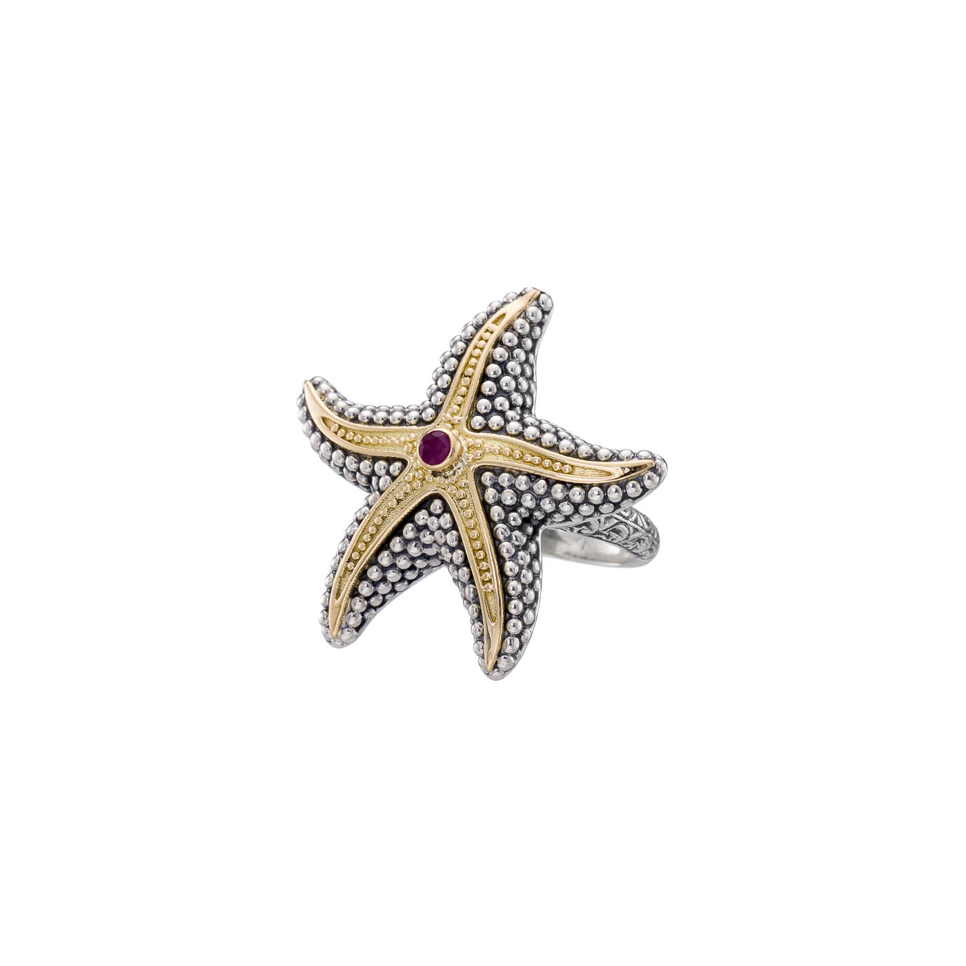 Starfish big Ring in 18K Gold and Sterling Silver with Gemstone