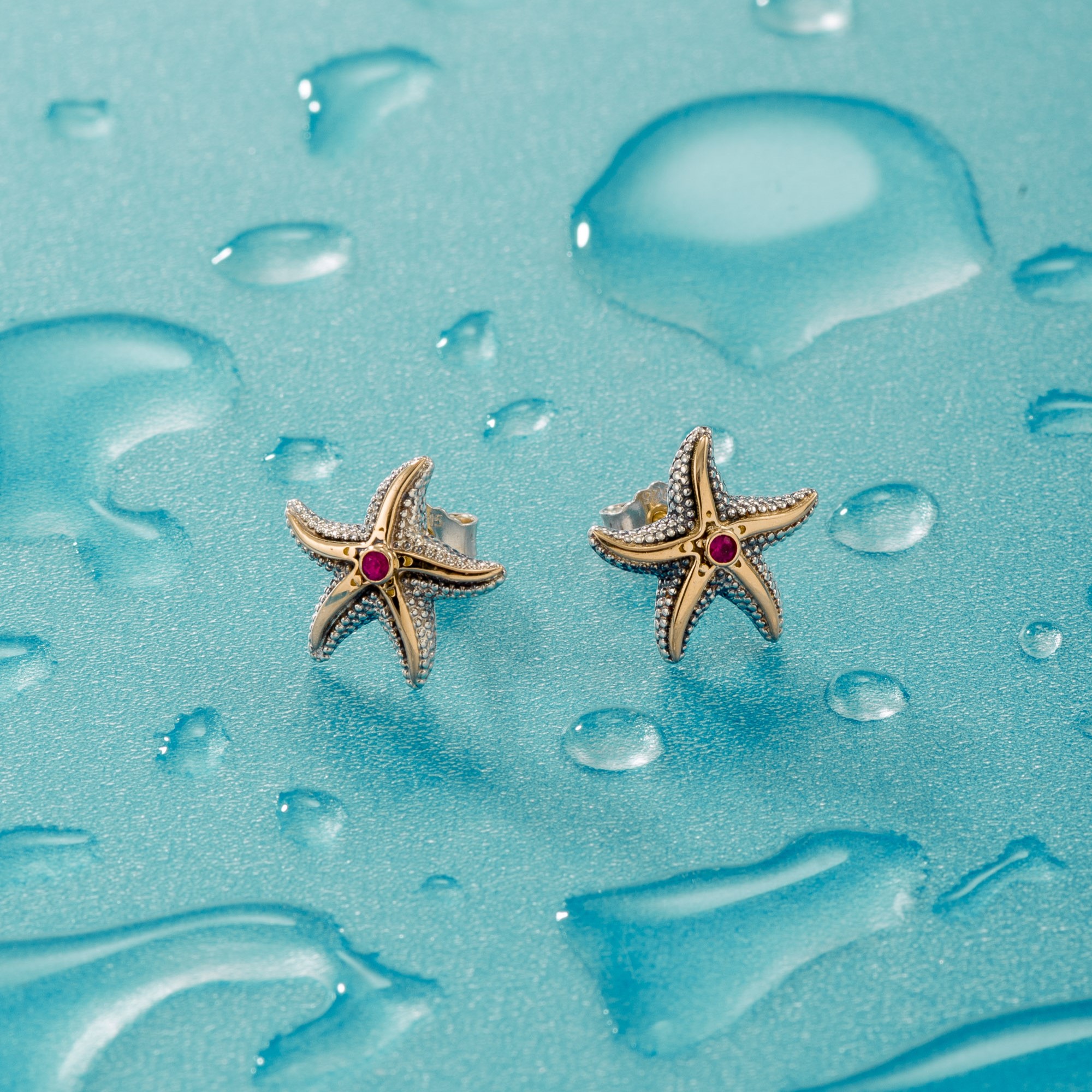 Starfish Earrings in 18K Gold and Sterling Silver with precious stones 10024