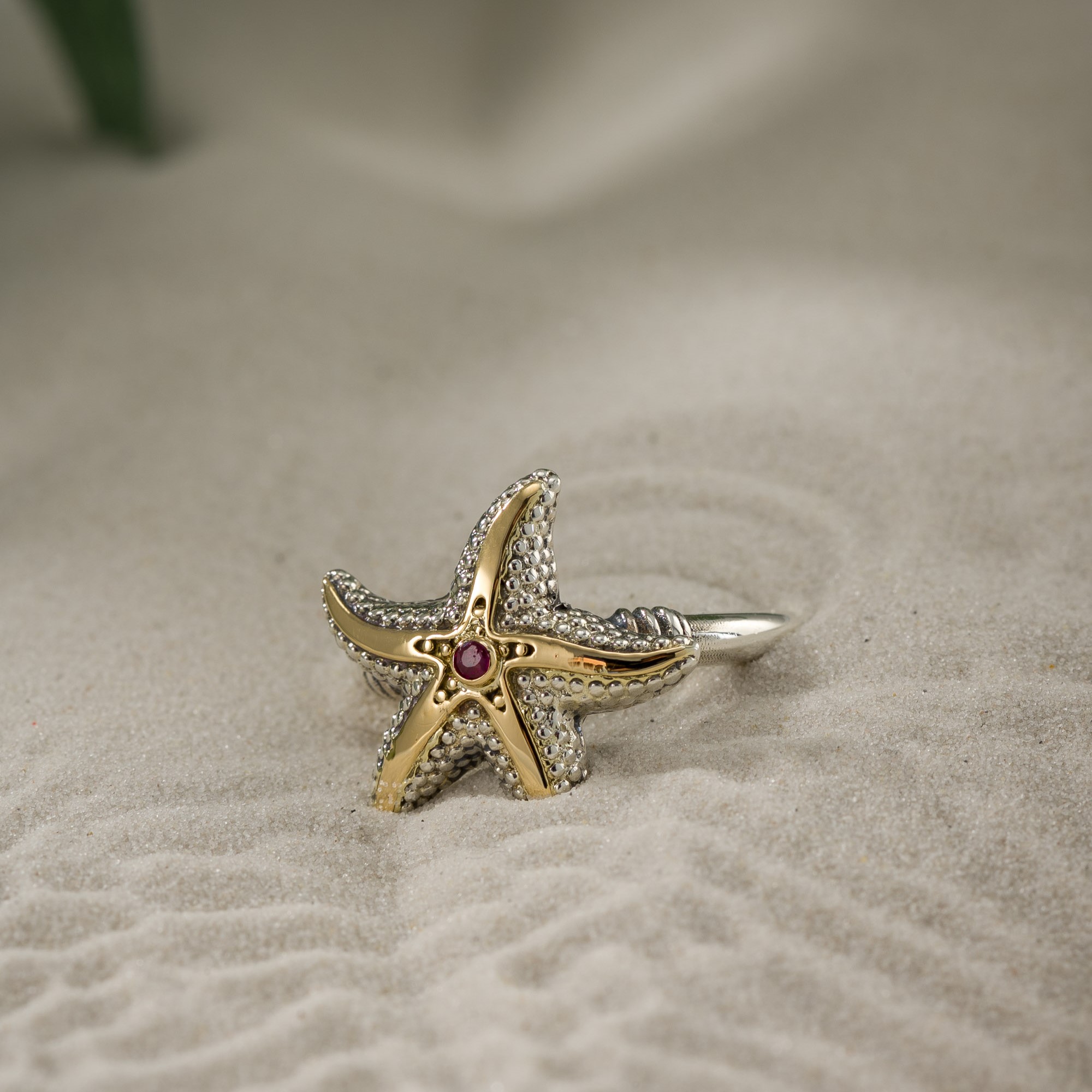 Starfish Ring in 18K Gold and Sterling Silver with Gemstone