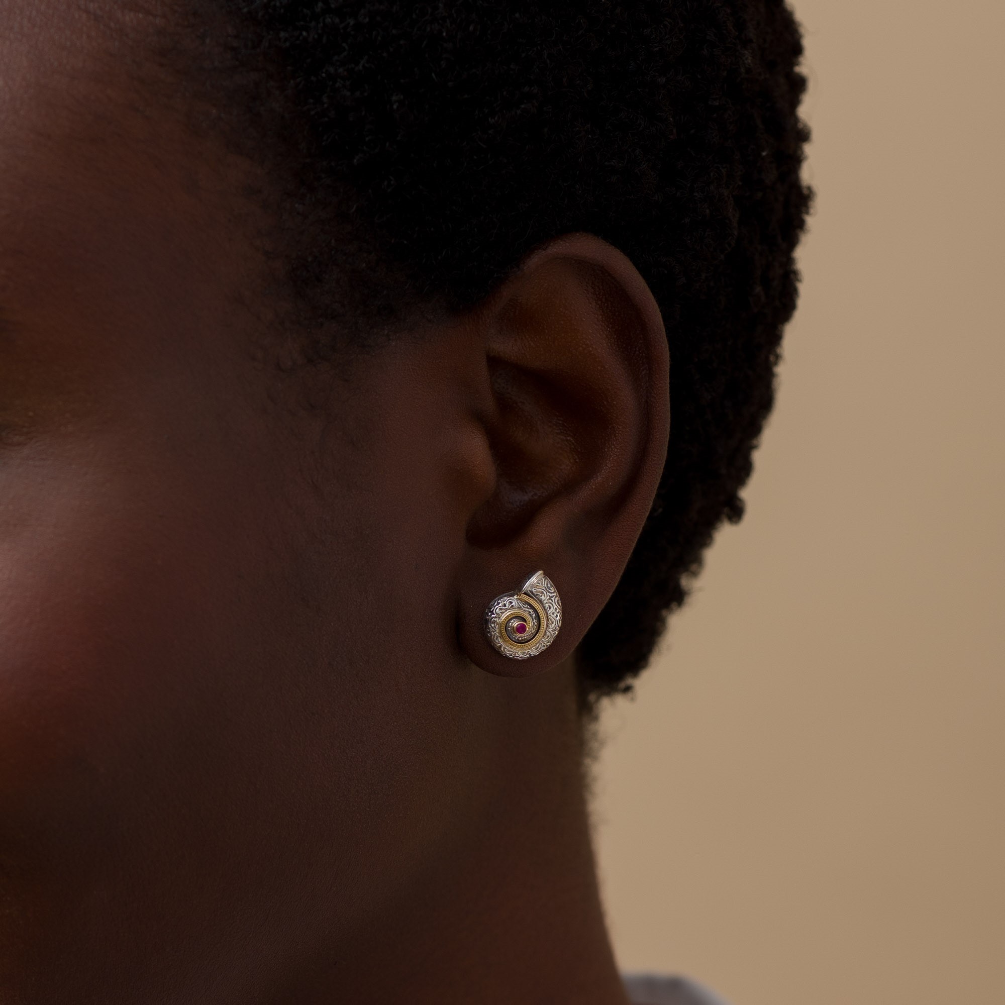 Sea Snail stud Earrings in 18K Gold and Sterling silver with rubies