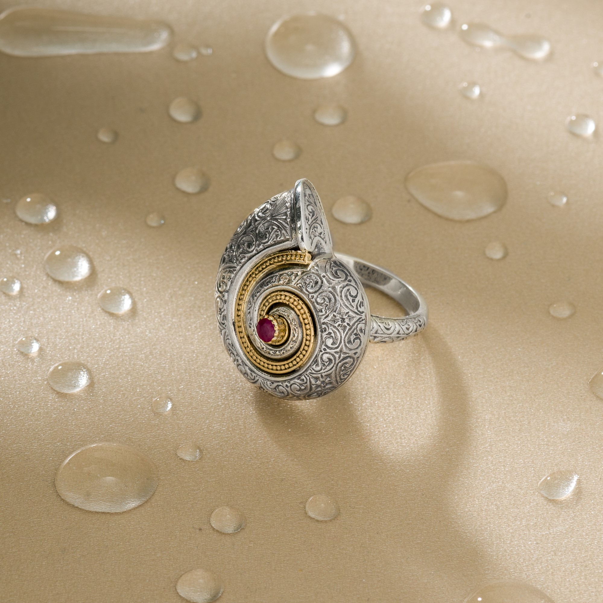 Sea Snail Ring in 18K Gold and Sterling Silver with Ruby