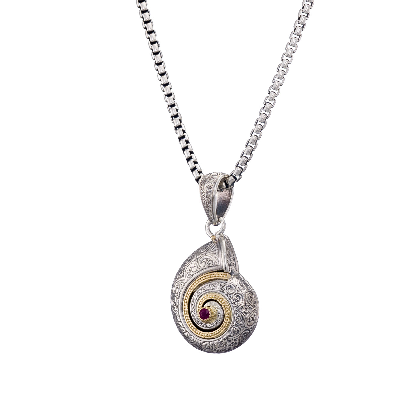 Sea Snail Pendant in 18K Gold and Sterling Silver with Ruby
