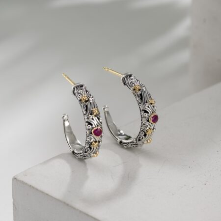 Kynthia Hoops Earrings in 18K Gold and Sterling Silver with Gemstones
