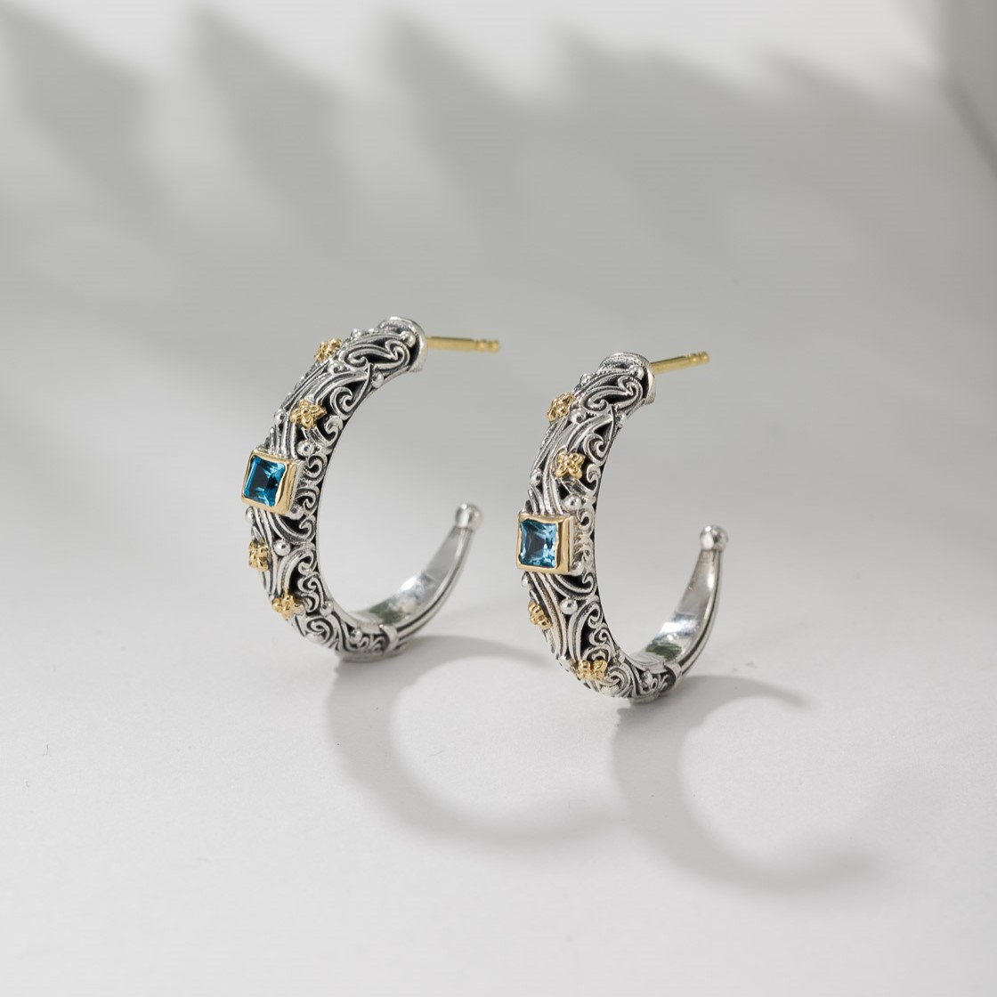 Kynthia Hoops Earrings in 18K Gold and Sterling Silver with Square Semi Precious Stones
