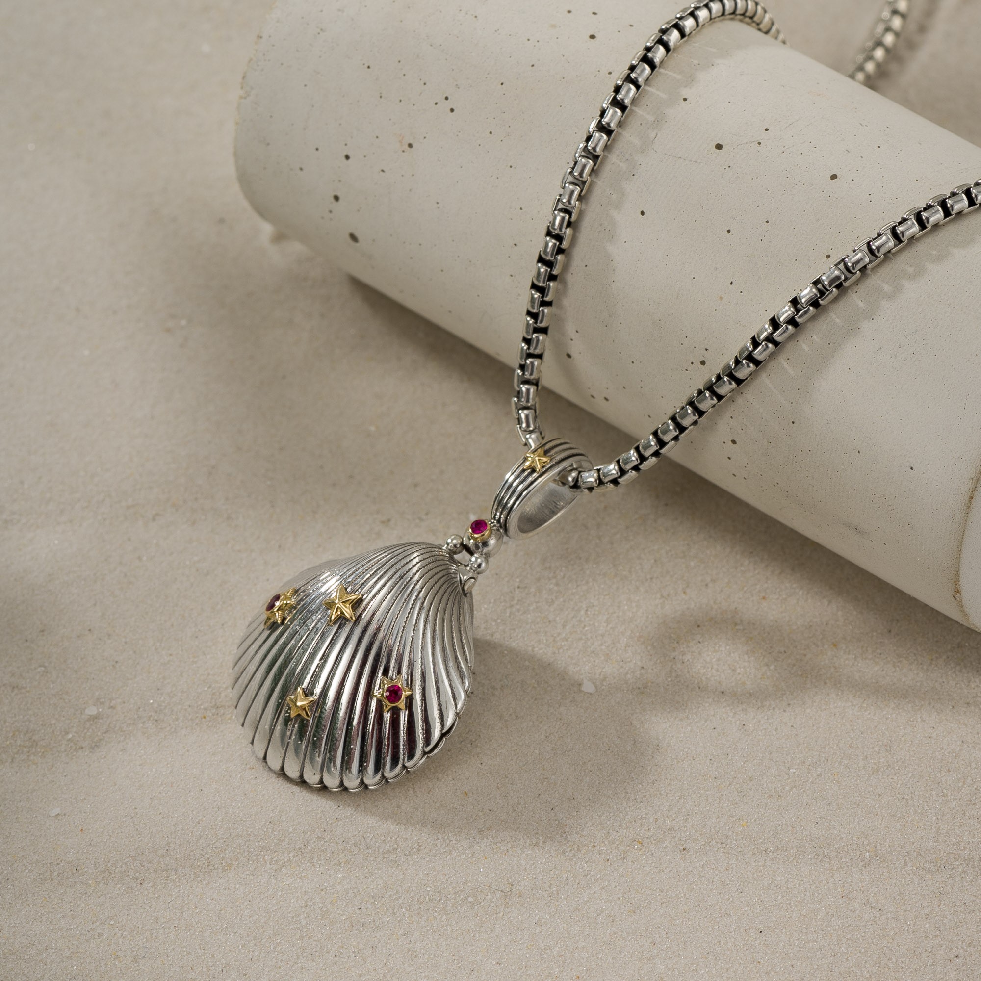 Sea Shell Locket Pendant in Sterling Silver with Details in 18K Gold and Precious Stones