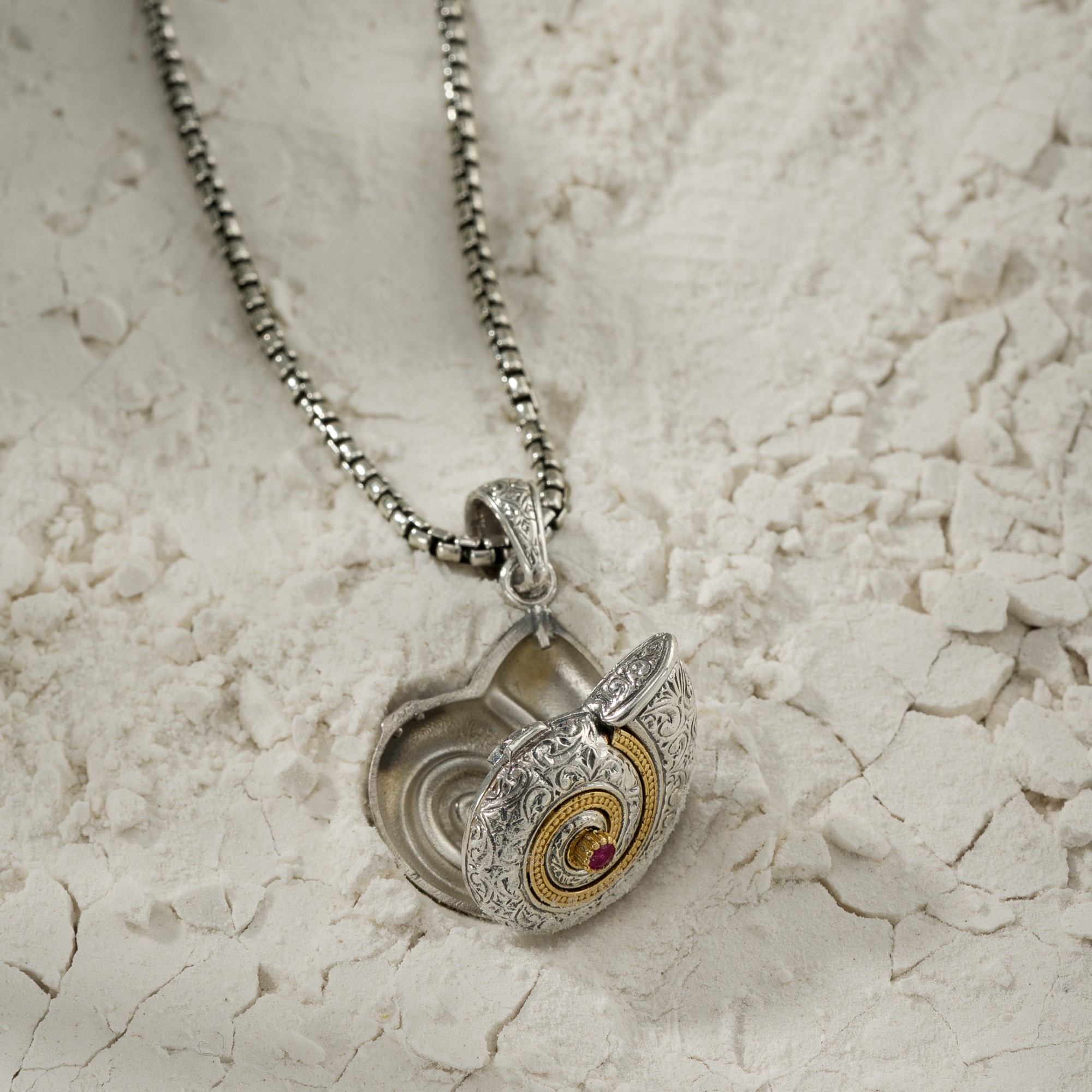 Sea Snail Locket Pendant in 18K Gold and Sterling Silver with Ruby