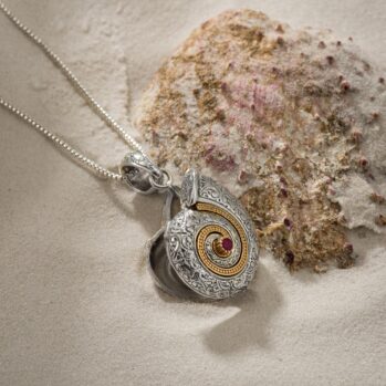 Sea Snail Locket Pendant in 18K Gold and Sterling Silver with Ruby