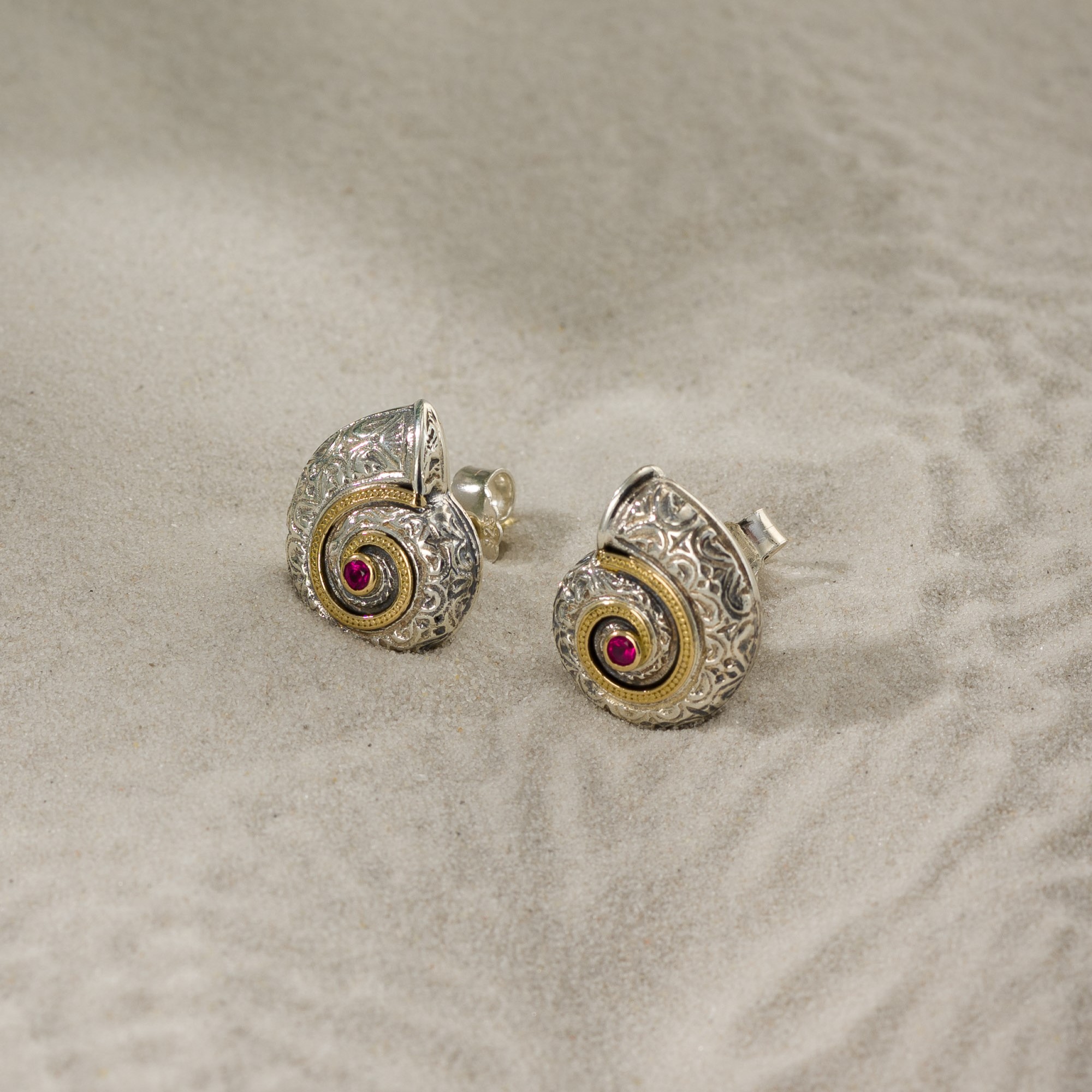 Sea Snail stud Earrings in 18K Gold and Sterling silver with rubies