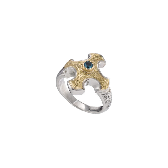 Classic Cross Ring in 18K Gold and Sterling Silver with Blue topaz - Image 4