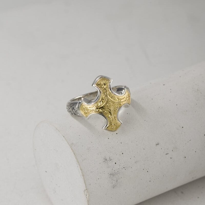 Byzantine Cross Ring in 18K Gold and Sterling Silver