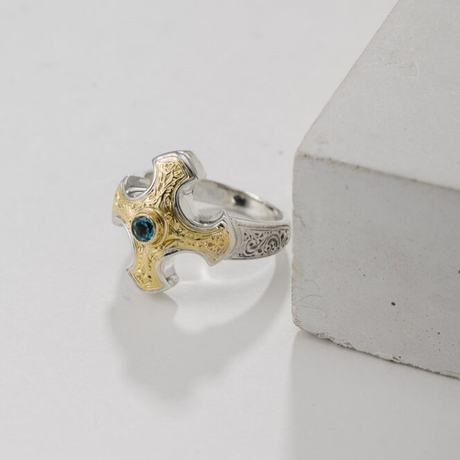 Classic Cross Ring in 18K Gold and Sterling Silver with Blue topaz