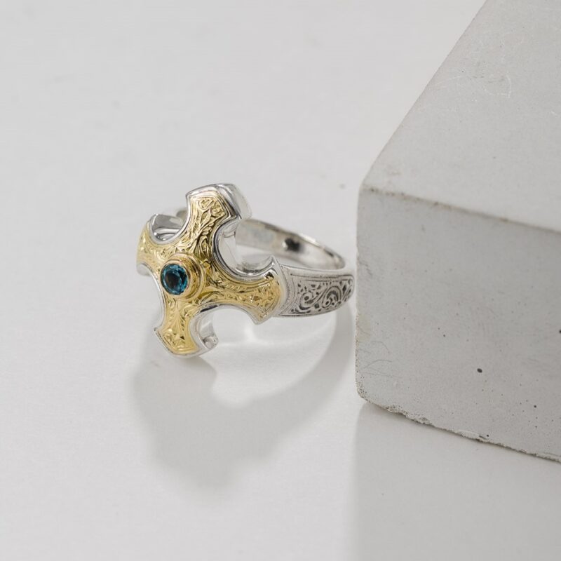 Byzantine ring in 18K Gold and Sterling Silver with Blue topaz