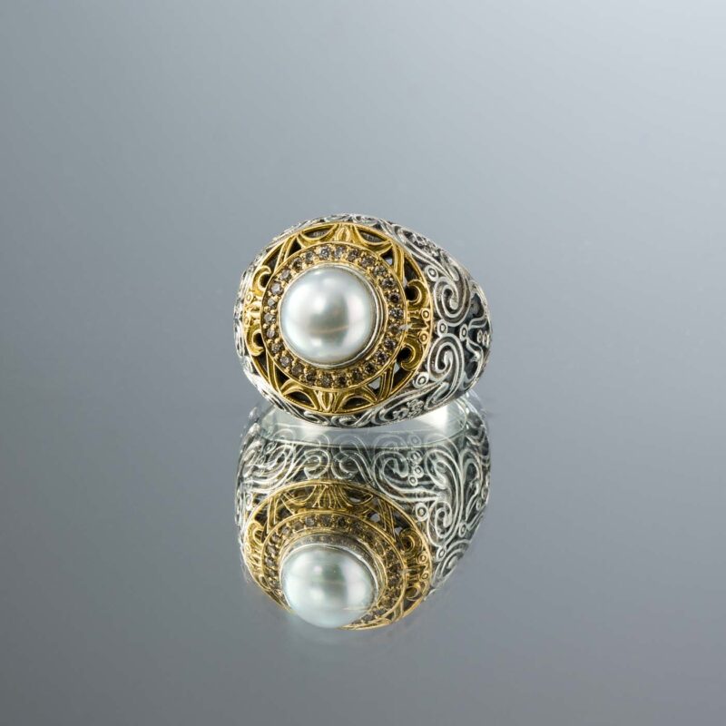 Kosmos Ring in 18K Gold and Sterling Silver with Brown Diamonds and Pearl