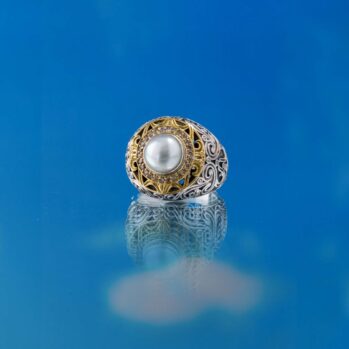 Kosmos Ring in 18K Gold and Sterling Silver with Brown Diamonds and Pearl