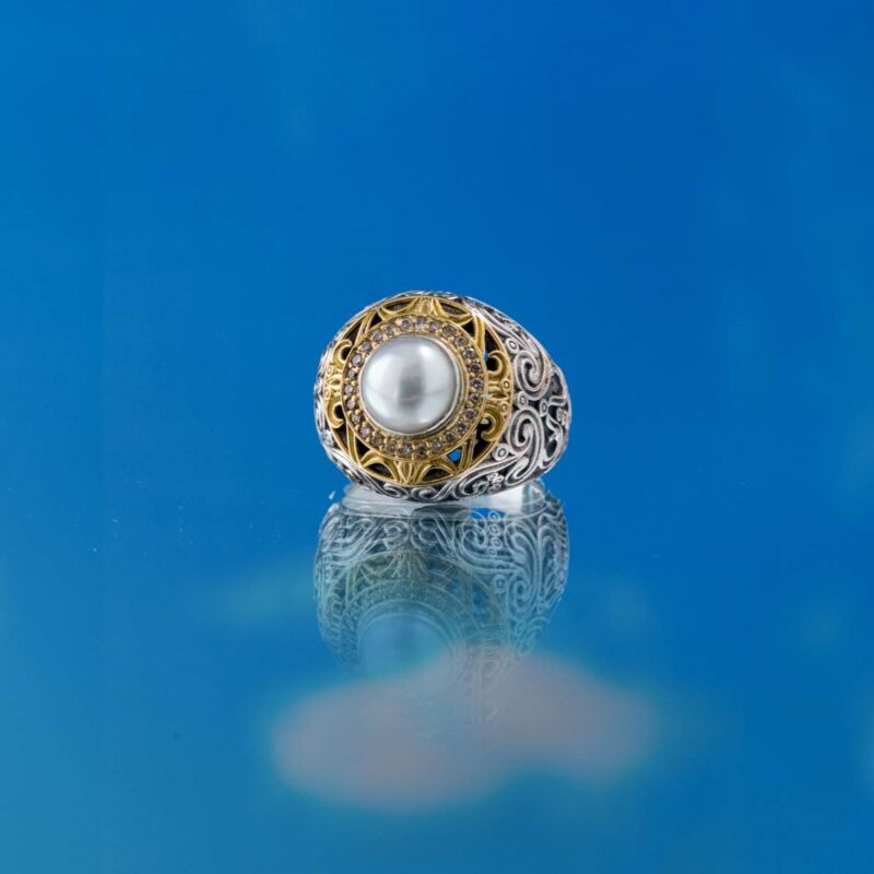 Kosmos Ring in 18K Gold and Sterling Silver with Brown Diamonds and Pearl