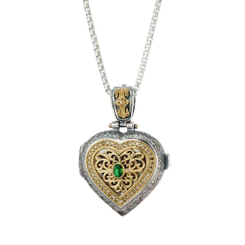 Kosmos Heart Locket in 18K Gold and Sterling Silver with Brown Diamonds and Tsavorite