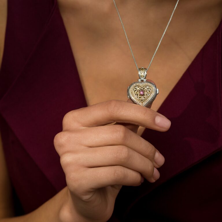 Kosmos Heart Locket in 18K Gold and Sterling Silver with Brown Diamonds and Tsavorite - Image 2