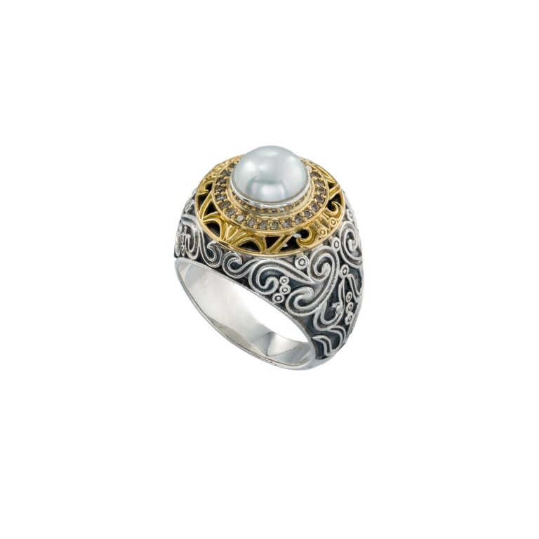 Kosmos Ring in 18K Gold and Sterling Silver with Brown Diamonds and Pearl - Image 4