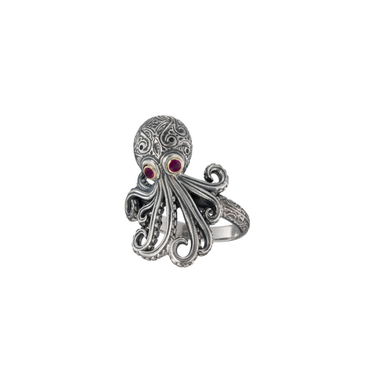 Octopus Ring in 18K Gold and Sterling Silver with Gemstones - Image 3