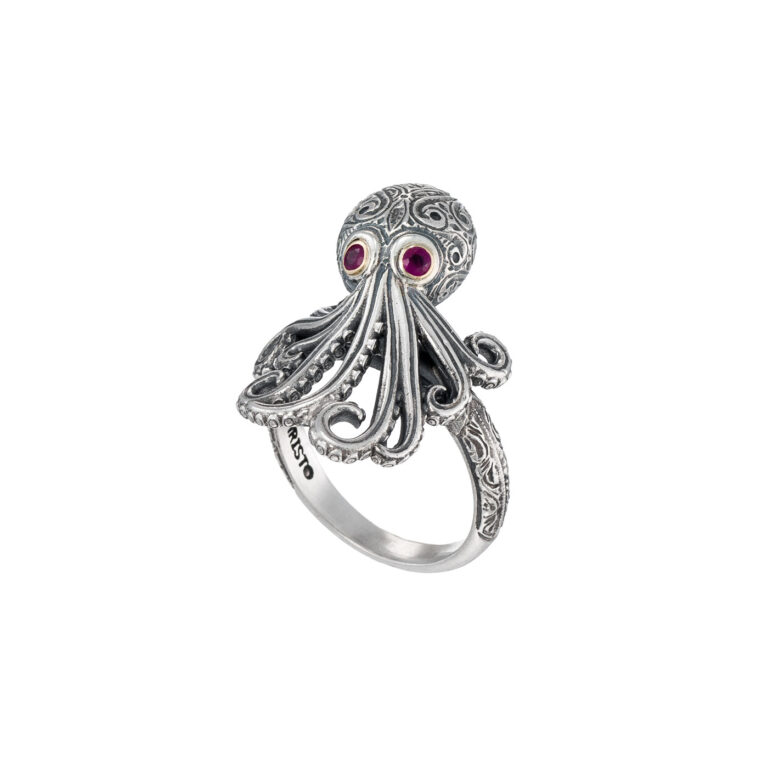 Octopus Ring in 18K Gold and Sterling Silver with Gemstones - Image 4