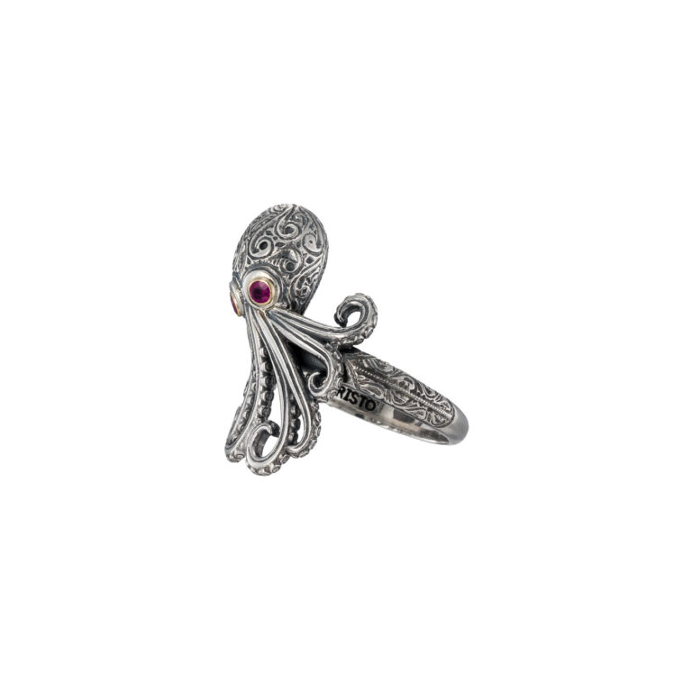 Octopus Ring in 18K Gold and Sterling Silver with Gemstones - Image 5