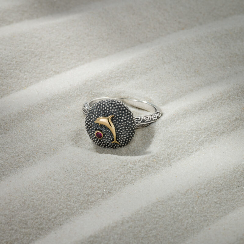 Thalassa Ring with Dolphin in 18K Gold and Sterling Silver with Gemstone