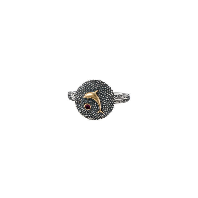 Thalassa Ring with Dolphin in 18K Gold and Sterling Silver with Gemstone