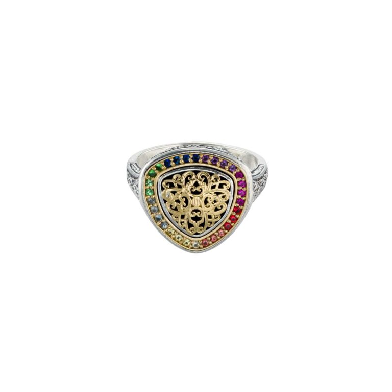 Kosmos Triangle Ring with Rainbow Gemstones in 18K Gold and Sterling Silver - Image 2