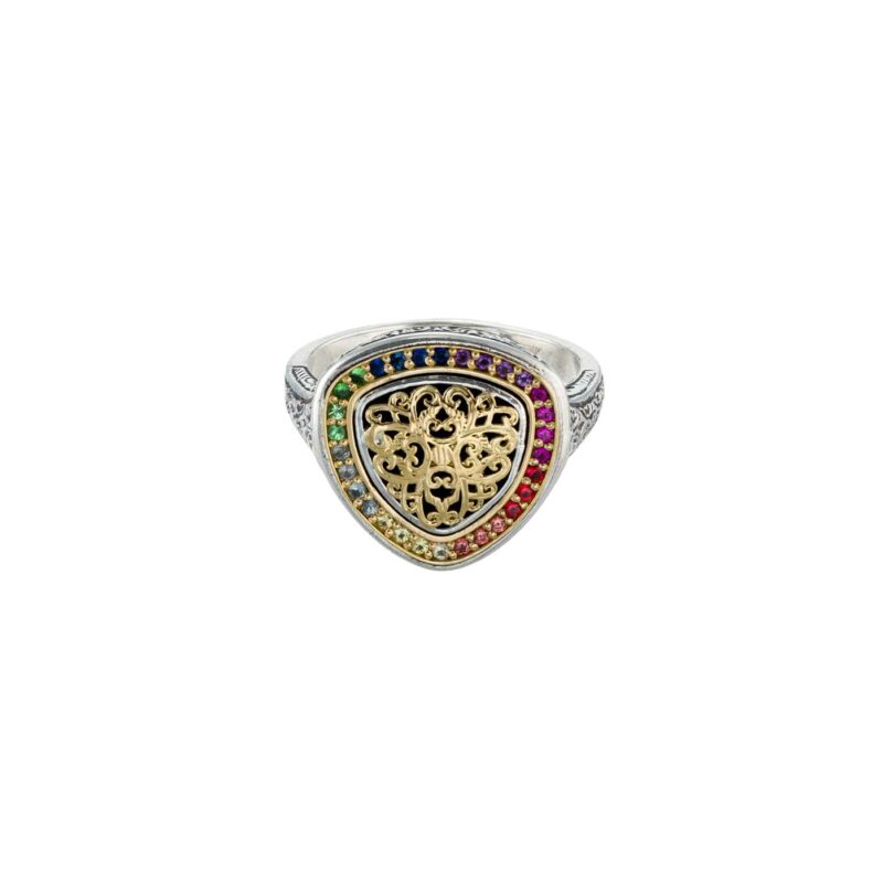 Kosmos Triangle Ring with Rainbow Gemstones in 18K Gold and Sterling Silver