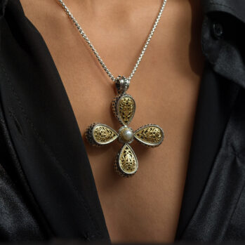 Garden Shadows Cross in 18K Gold and Sterling Silver with Pearl