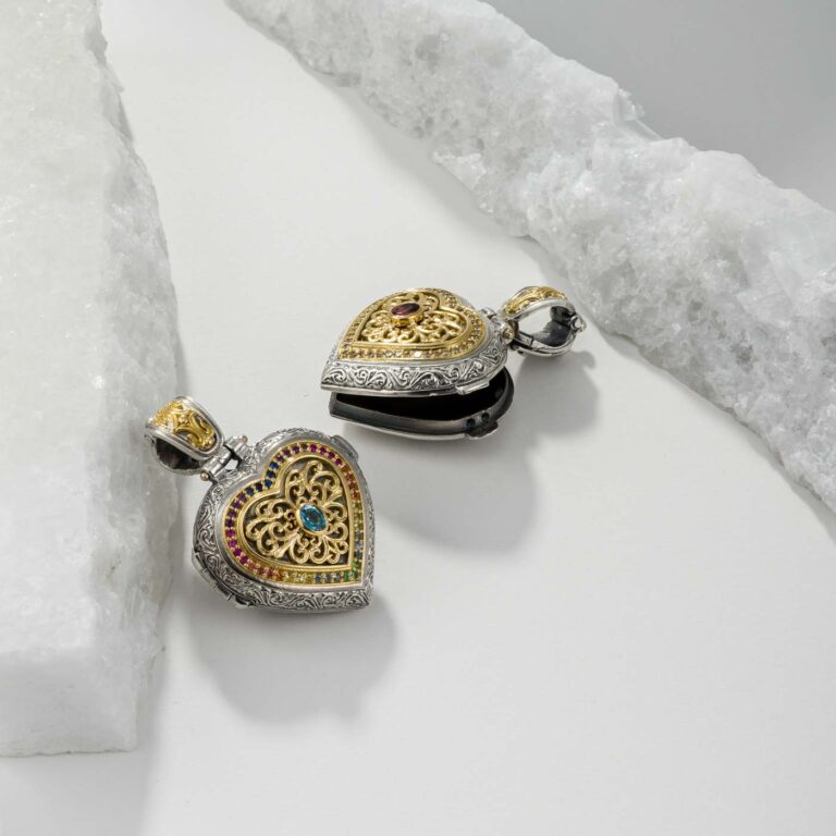 Kosmos Heart Locket in 18K Gold and Sterling Silver with multi colors Gemstones