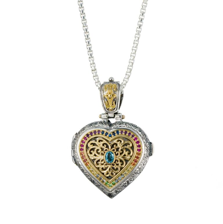Kosmos Heart Locket in 18K Gold and Sterling Silver with multi colors Gemstones - Image 3