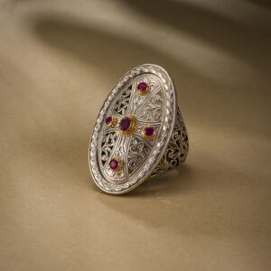 Garden Shadows Cross Pattern Ring in 18K Gold and Sterling Silver with Gemstones