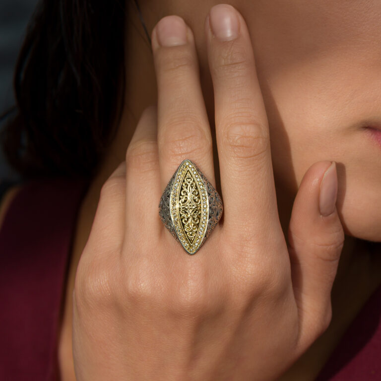Kosmos Marquise Ring in 18K Gold and Sterling Silver with Brown Diamonds - Image 2