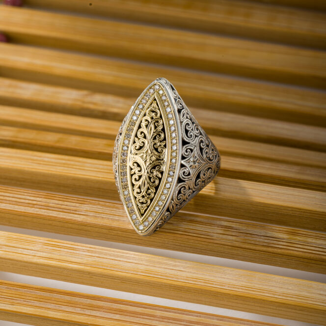 Kosmos Marquise Ring in 18K Gold and Sterling Silver with Brown Diamonds