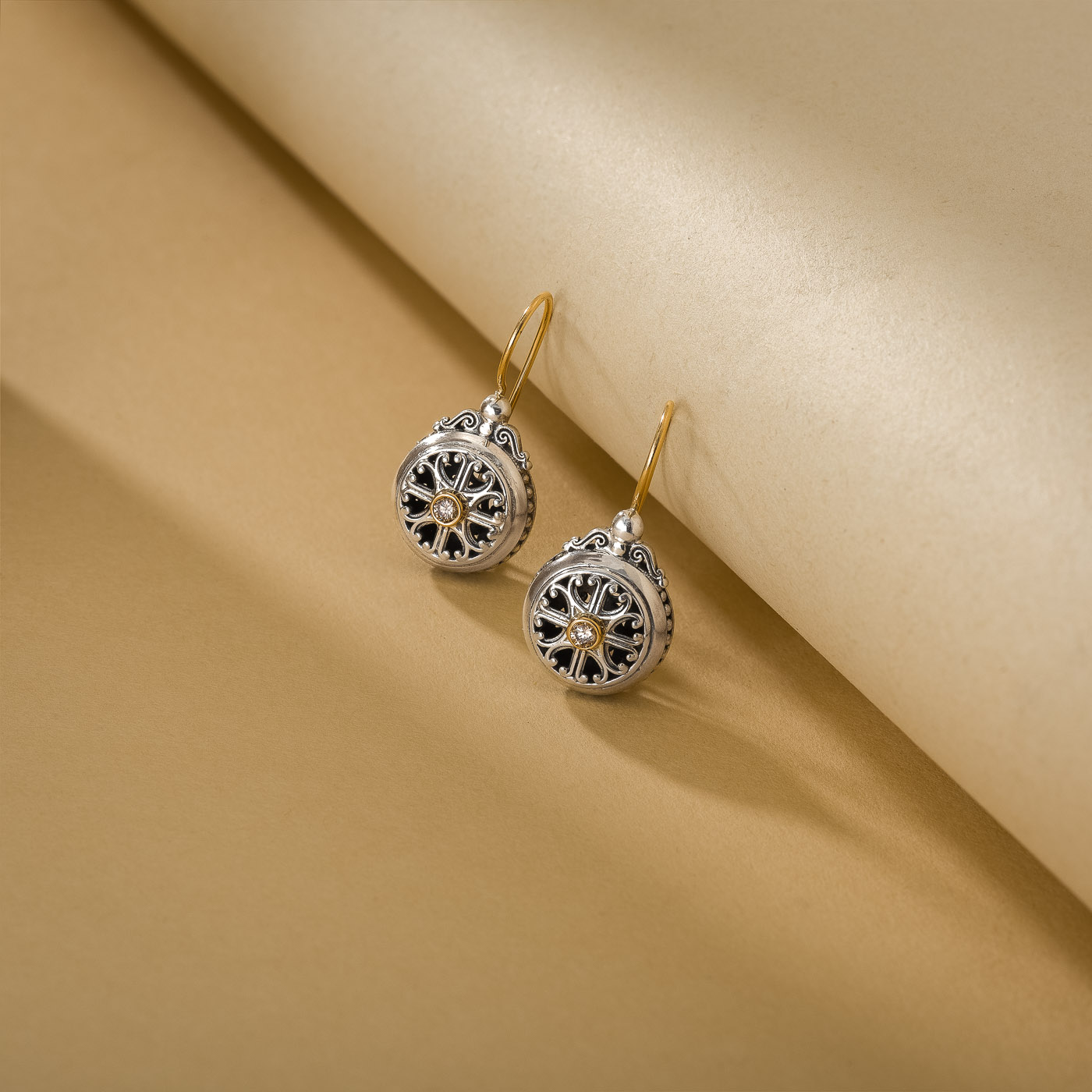 Earrings in 18K solid Yellow Gold and Sterling Silver with Brown Diamonds.Roxana Earrings Round in 18K Gold and Sterling Silver with Brown Diamonds