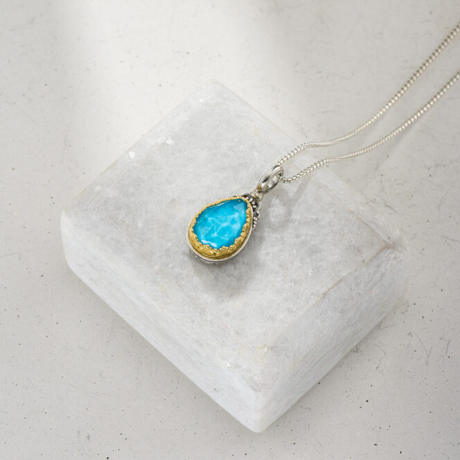 Iris Drop Pendant in Sterling Silver with Gold plated parts and Doublet Gemstone - Image 2