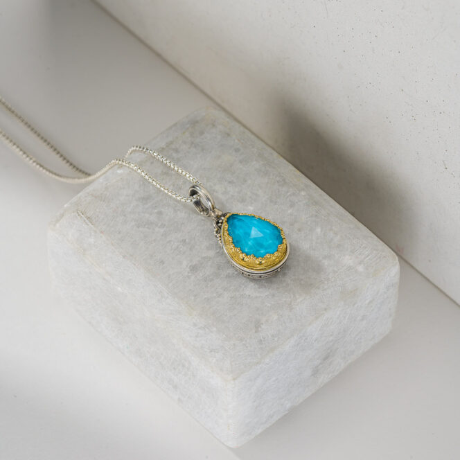 Iris Drop Pendant in Sterling Silver with Gold plated parts and Doublet Gemstone - Image 3