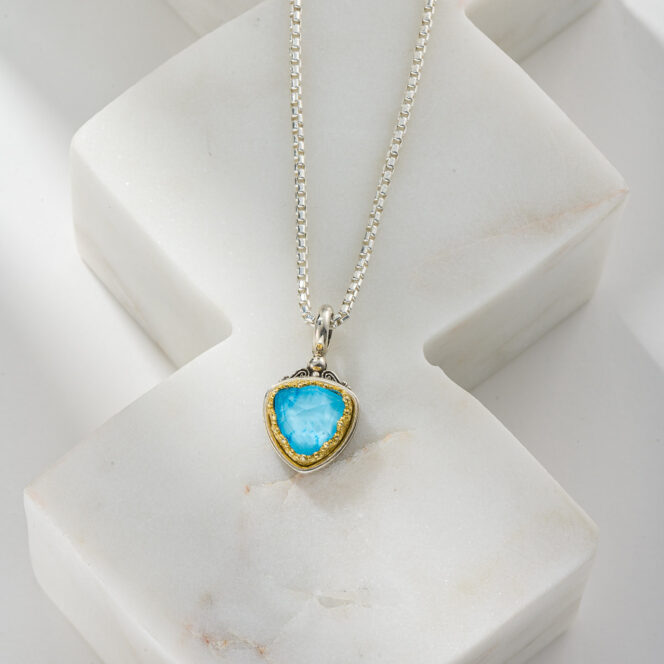 Iris Small Triangle Pendant in Sterling Silver with Gold Plated Parts and Doublet Gemstone - Image 2