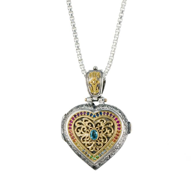 Kosmos Heart Locket in 18K Gold and Sterling Silver with multi colors Gemstones - Image 2