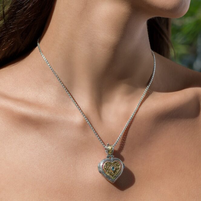 Kosmos Heart Locket in 18K Gold and Sterling Silver with multi colors Gemstones